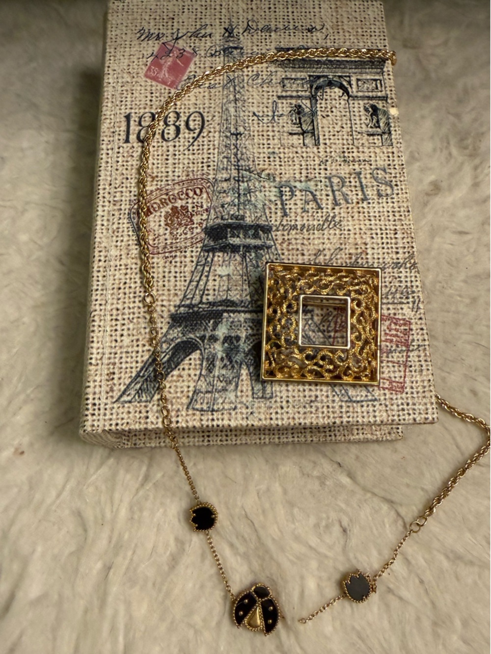 2 Piece Gold Filigree Square Frame Brooch and Necklace with Ladybird and Tulips